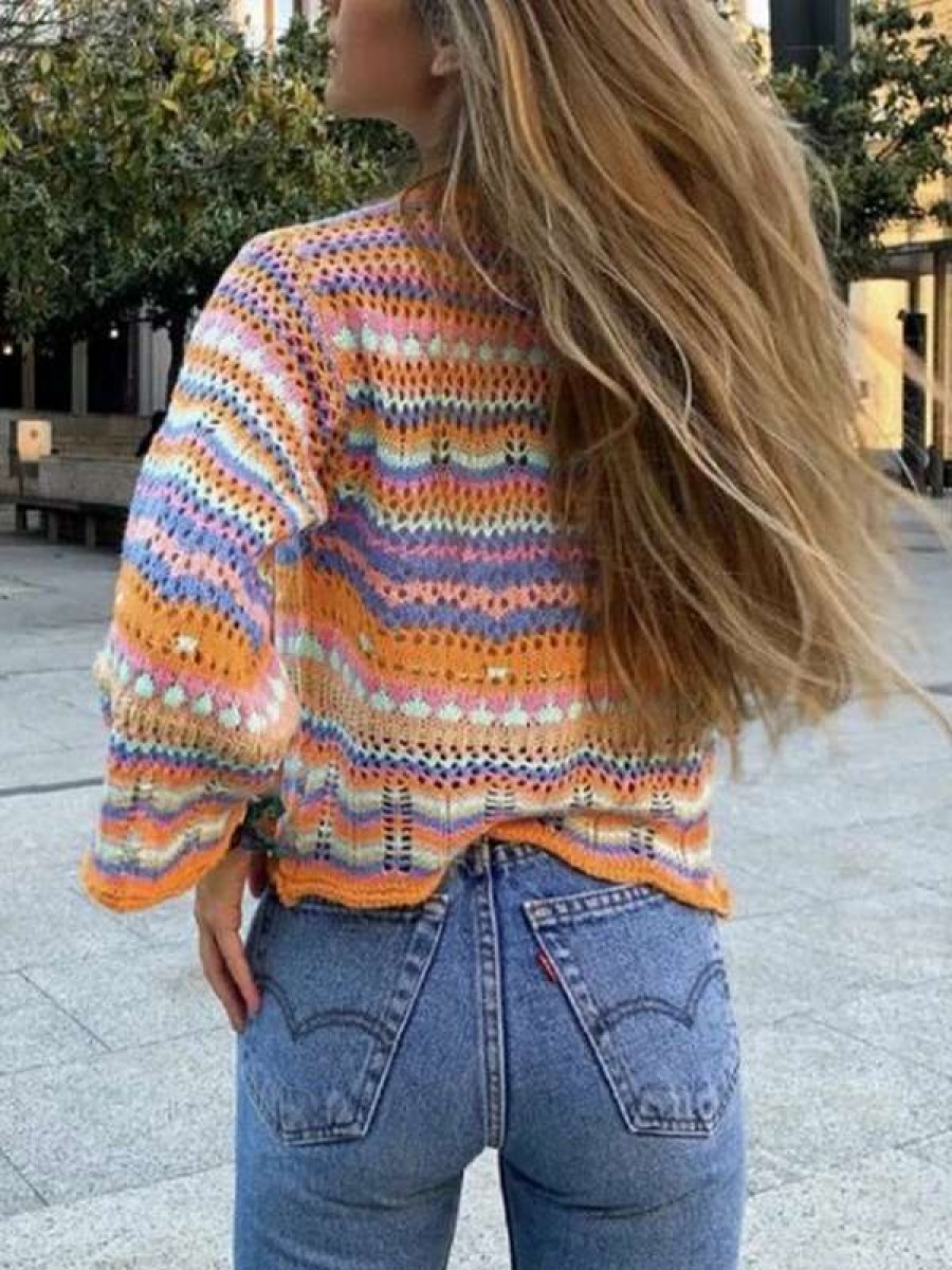 Sweaters * | Emmiol Rainbow Stripe Crochet Knit Sweater