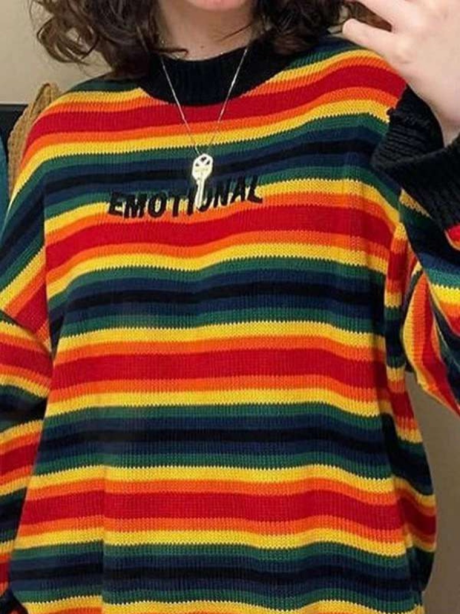 Sweaters * | Emmiol Rainbow Striped Pullover Sweater