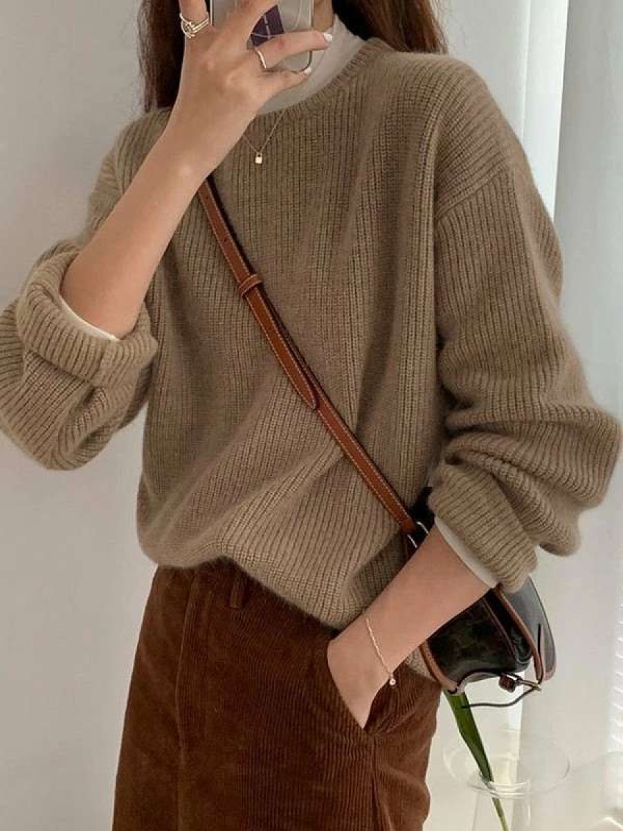 Sweaters * | Emmiol Solid Color Crew Neck Pullover Sweater