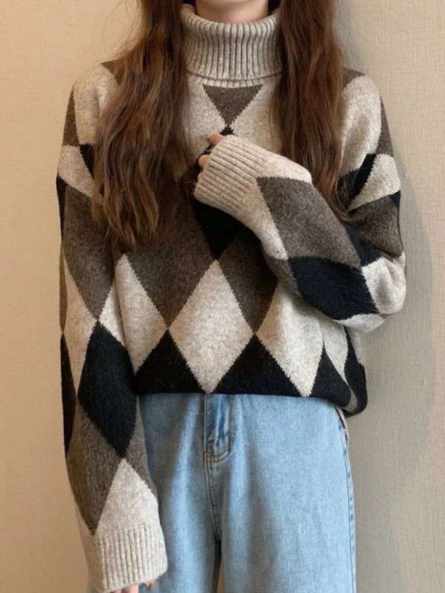 Sweaters * | Emmiol Argyle Turtleneck Oversize Sweater