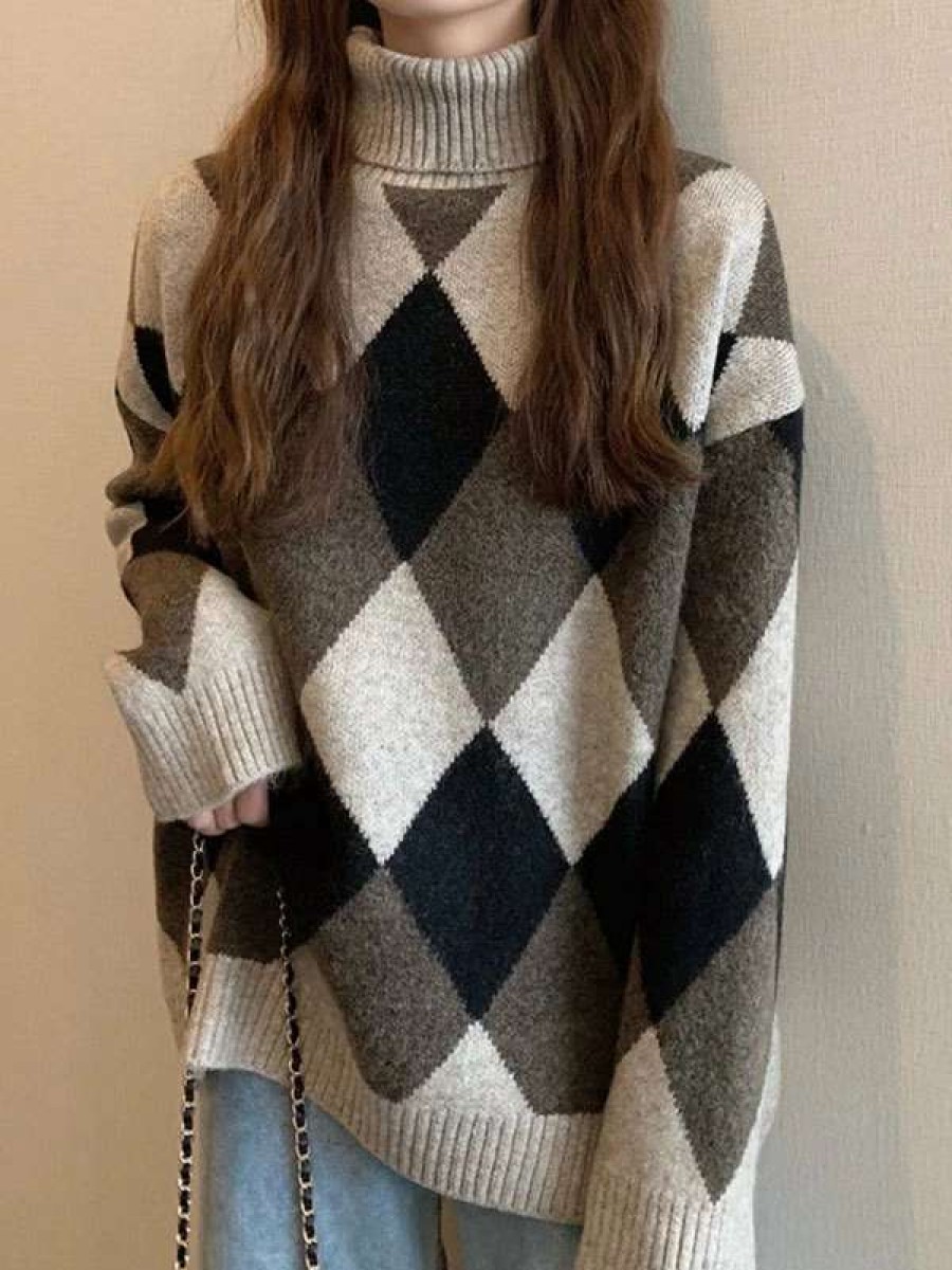 Sweaters * | Emmiol Argyle Turtleneck Oversize Sweater