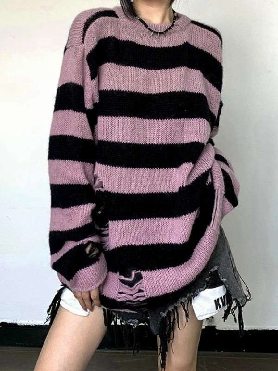 Sweaters * | Emmiol Contrast Striped Distressed Pullover Sweater