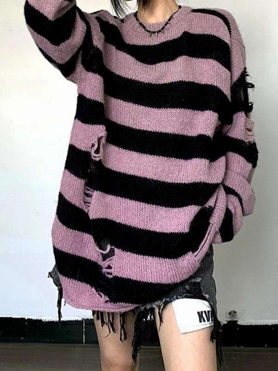 Sweaters * | Emmiol Contrast Striped Distressed Pullover Sweater