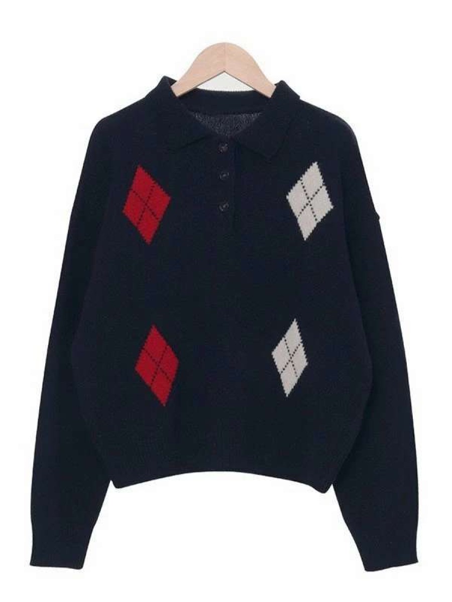 Sweaters * | Emmiol Polo Neck Argyle Knit Sweater