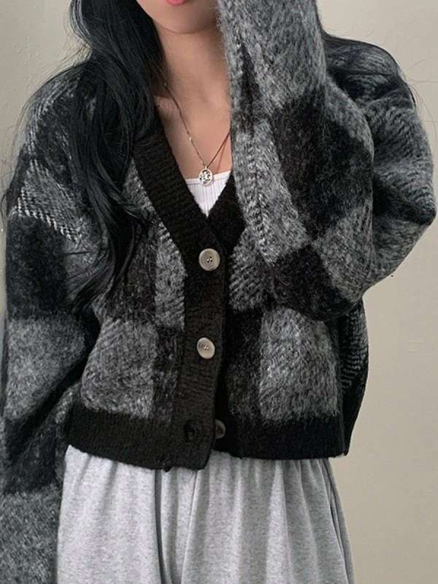 Cardigan * | Emmiol Checkered Button Front Cropped Cardigan