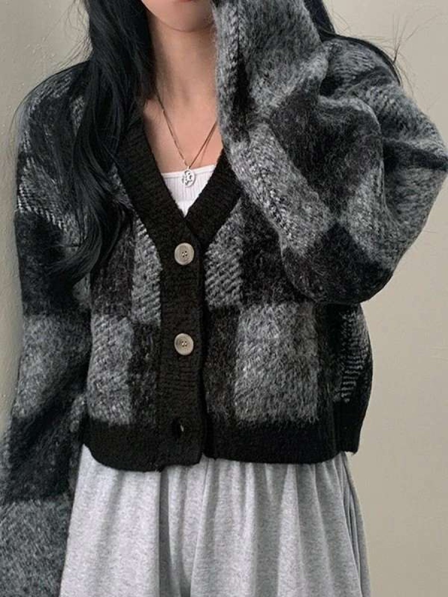 Cardigan * | Emmiol Checkered Button Front Cropped Cardigan