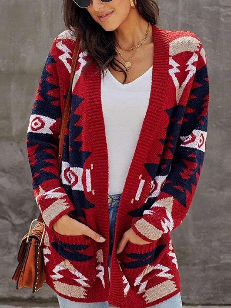 Cardigan * | Emmiol Christmas Geometric Print Knitted Cardigan