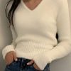 Sweaters * | Emmiol Cropped V Neck White Fuzzy Knit Sweater