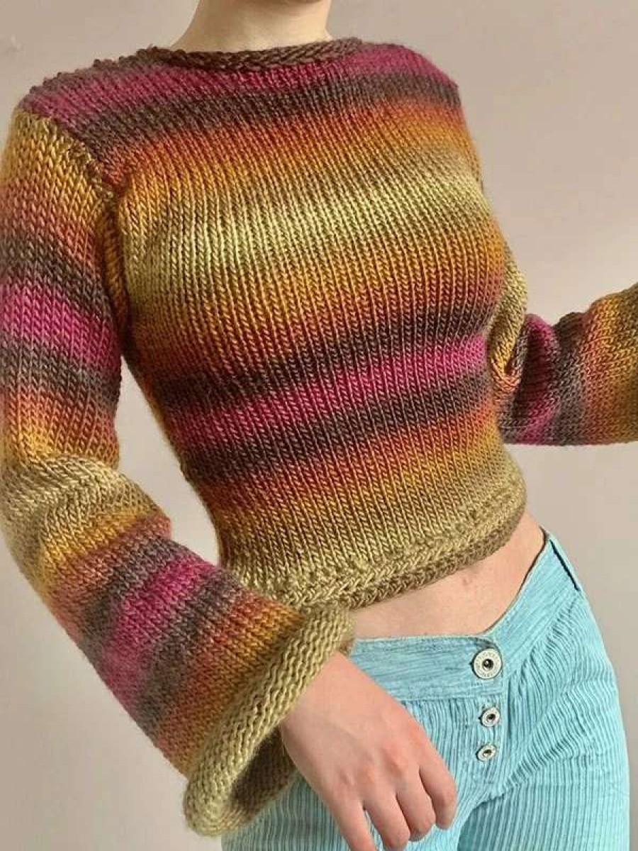 Sweaters * | Emmiol Rainbow Striped Pullover Knit Crop Sweater