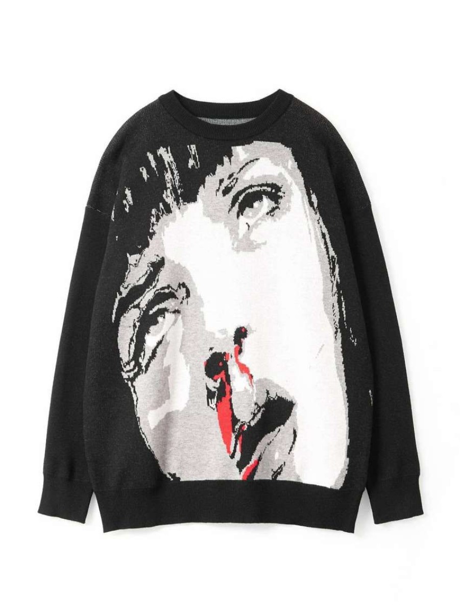 Sweaters * | Emmiol Punk Jacquard Black Pullover Sweater