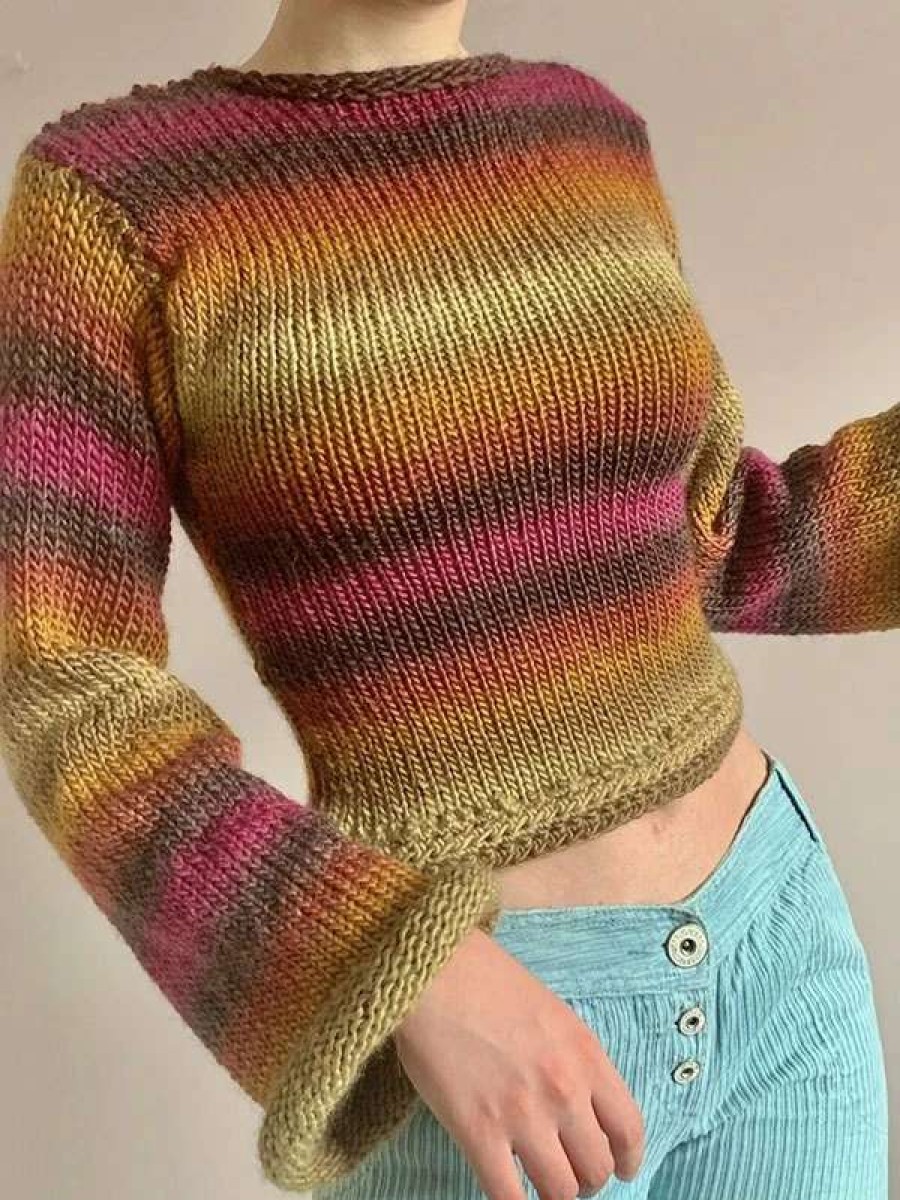 Sweaters * | Emmiol Rainbow Striped Pullover Knit Crop Sweater