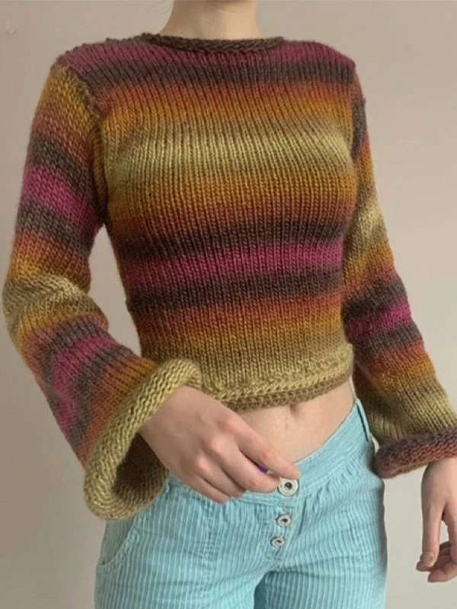 Sweaters * | Emmiol Rainbow Striped Pullover Knit Crop Sweater