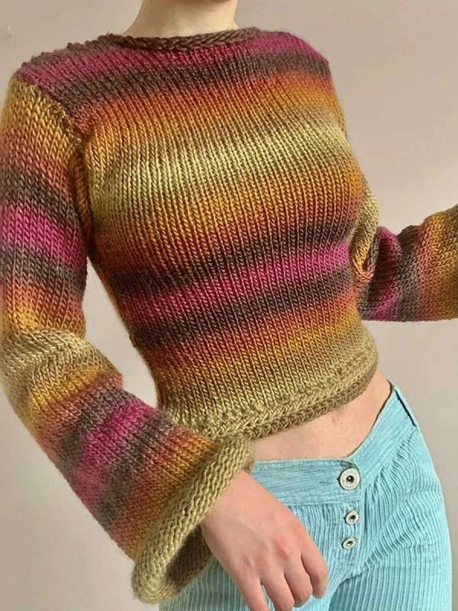 Sweaters * | Emmiol Rainbow Striped Pullover Knit Crop Sweater