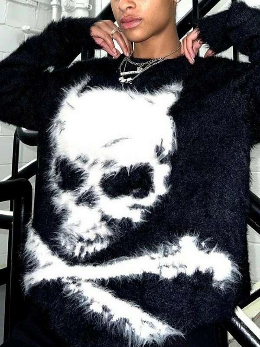 Sweaters * | Emmiol Skull Jacquard Fuzzy Knit Sweater