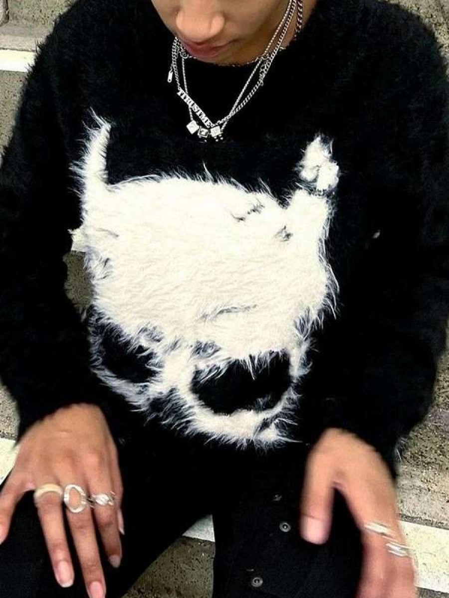 Sweaters * | Emmiol Skull Jacquard Fuzzy Knit Sweater