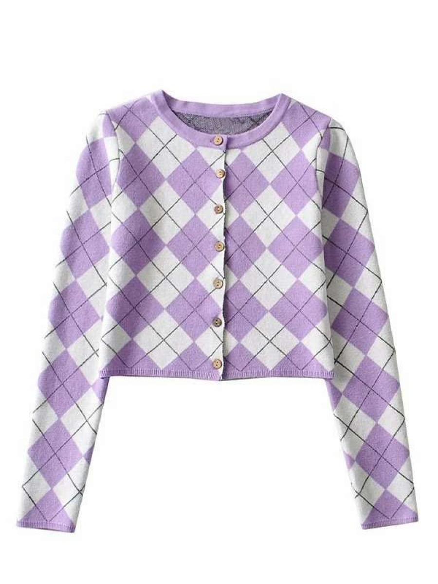 Cardigan * | Emmiol Argyle Buttoned Crop Knit Cardigan