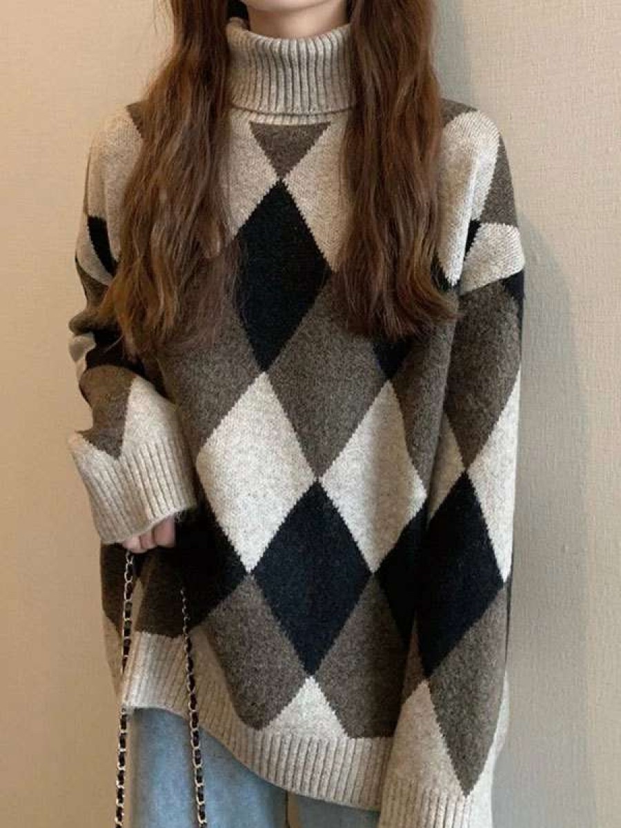 Sweaters * | Emmiol Argyle Turtleneck Oversize Sweater