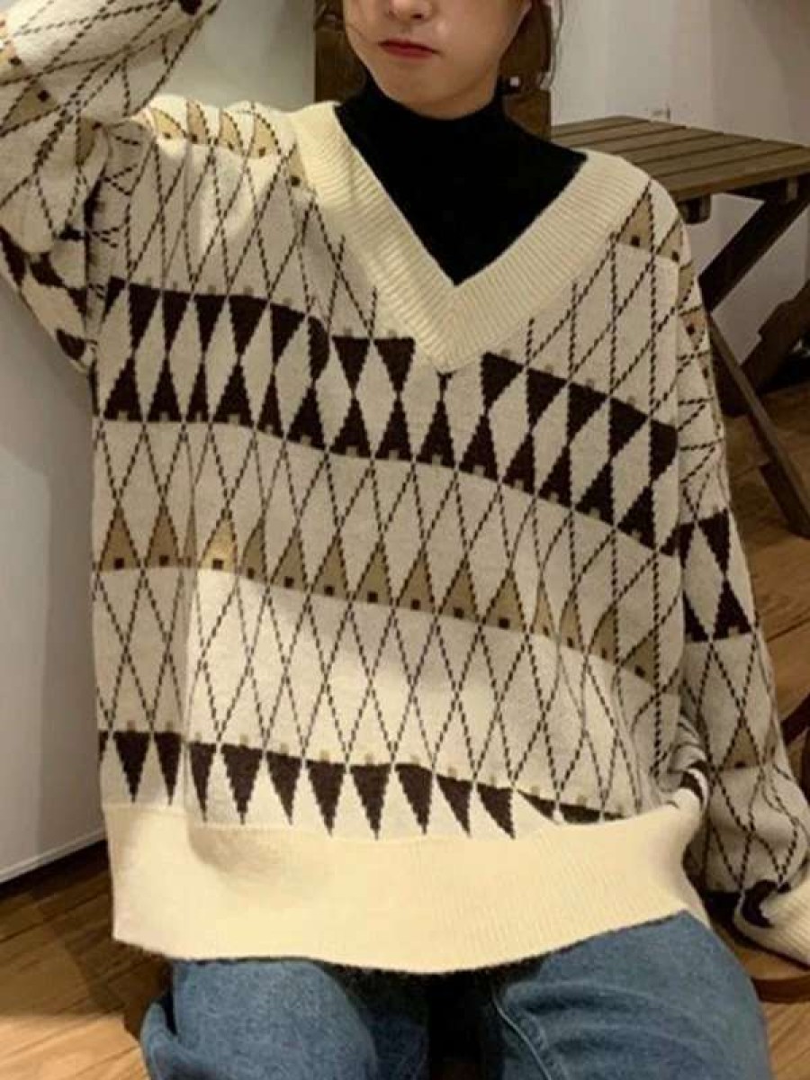 Sweaters * | Emmiol Rhombus Pattern V Neck Knit Sweater