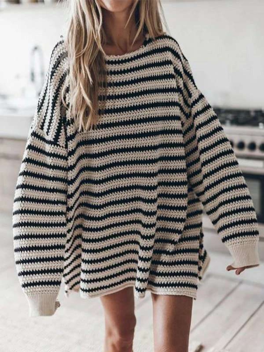 Sweaters * | Emmiol Slit Hem Oversize Striped Pullover Sweater