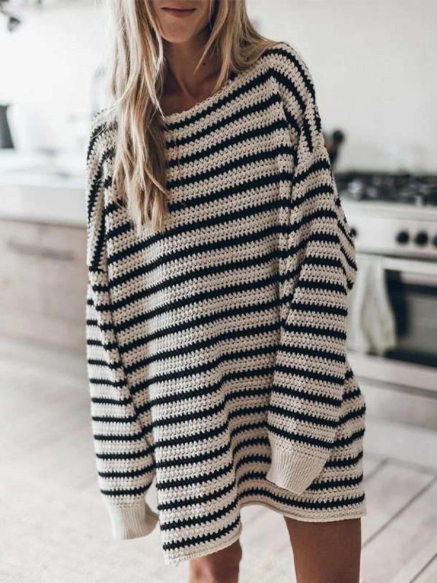 Sweaters * | Emmiol Slit Hem Oversize Striped Pullover Sweater