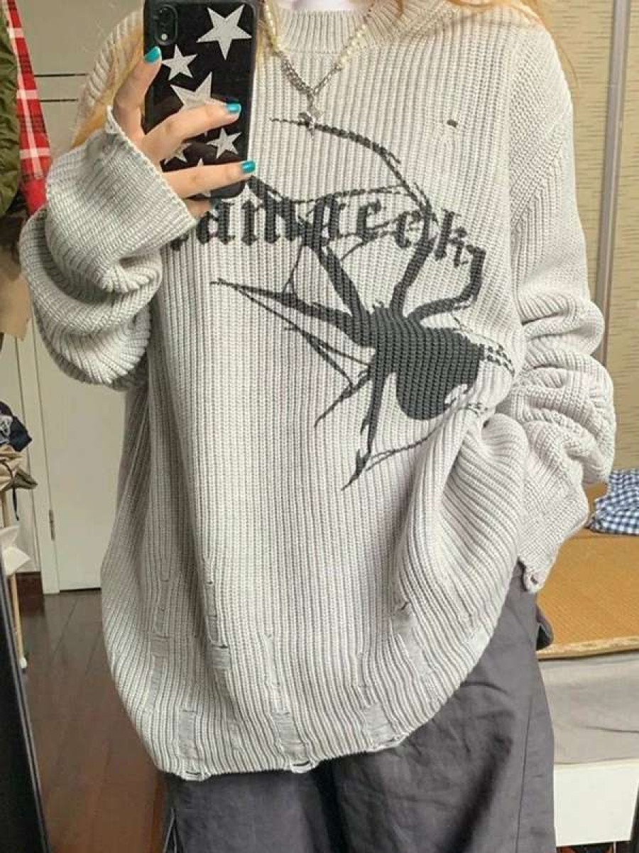 Sweaters * | Emmiol Punk Animal Jacquard Distressed Pullover Sweater