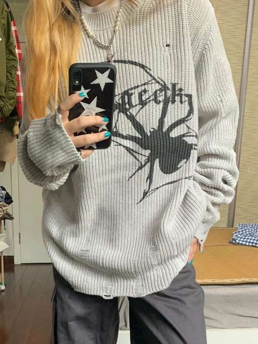 Sweaters * | Emmiol Punk Animal Jacquard Distressed Pullover Sweater